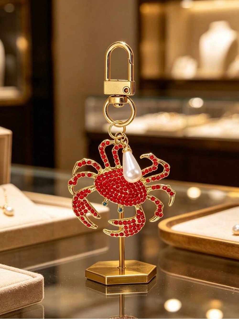 Gold-Tone Red Crystal Crab Bag Charm with Pearl Accent - Picture 4 of 8